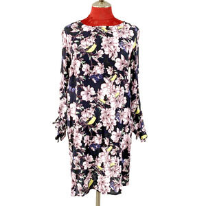 NEW H&M Size 4 Long Sleeve Dress Lilac Floral Print & Goldfinches Boho Casual